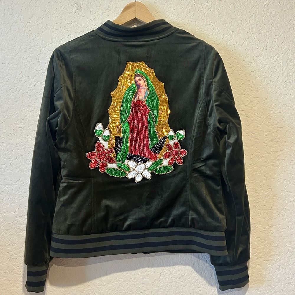 Vintage Rodeo Quincy Bomber Jacket XL Green Velvet Sequin Mary Virgin Guadalupe